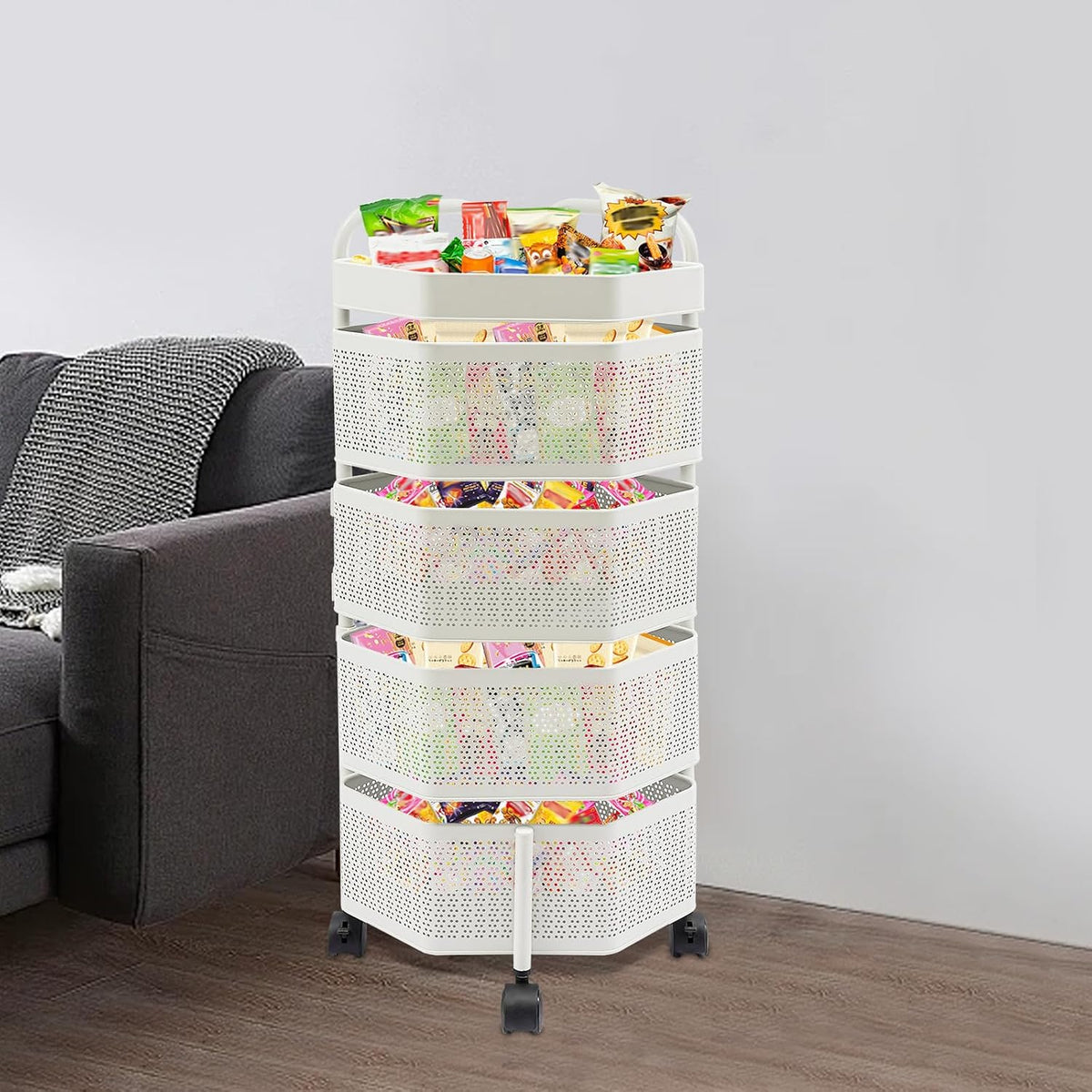 4 Tier Rolling Storage Cart – Swivel Kitchen Shelf with Wheels – Solid Carbon Steel, Rustproof – Magnetic Baskets Stay in Place – for Onion, Potato, Cans, Spices – White