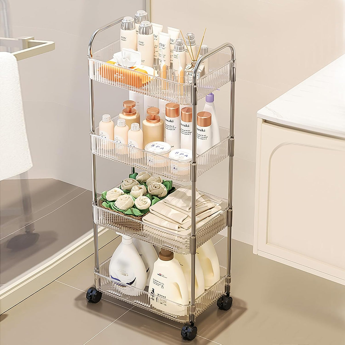 4 Tiers Rolling Storage Cart with Hanging Basket Acrylic Organizer