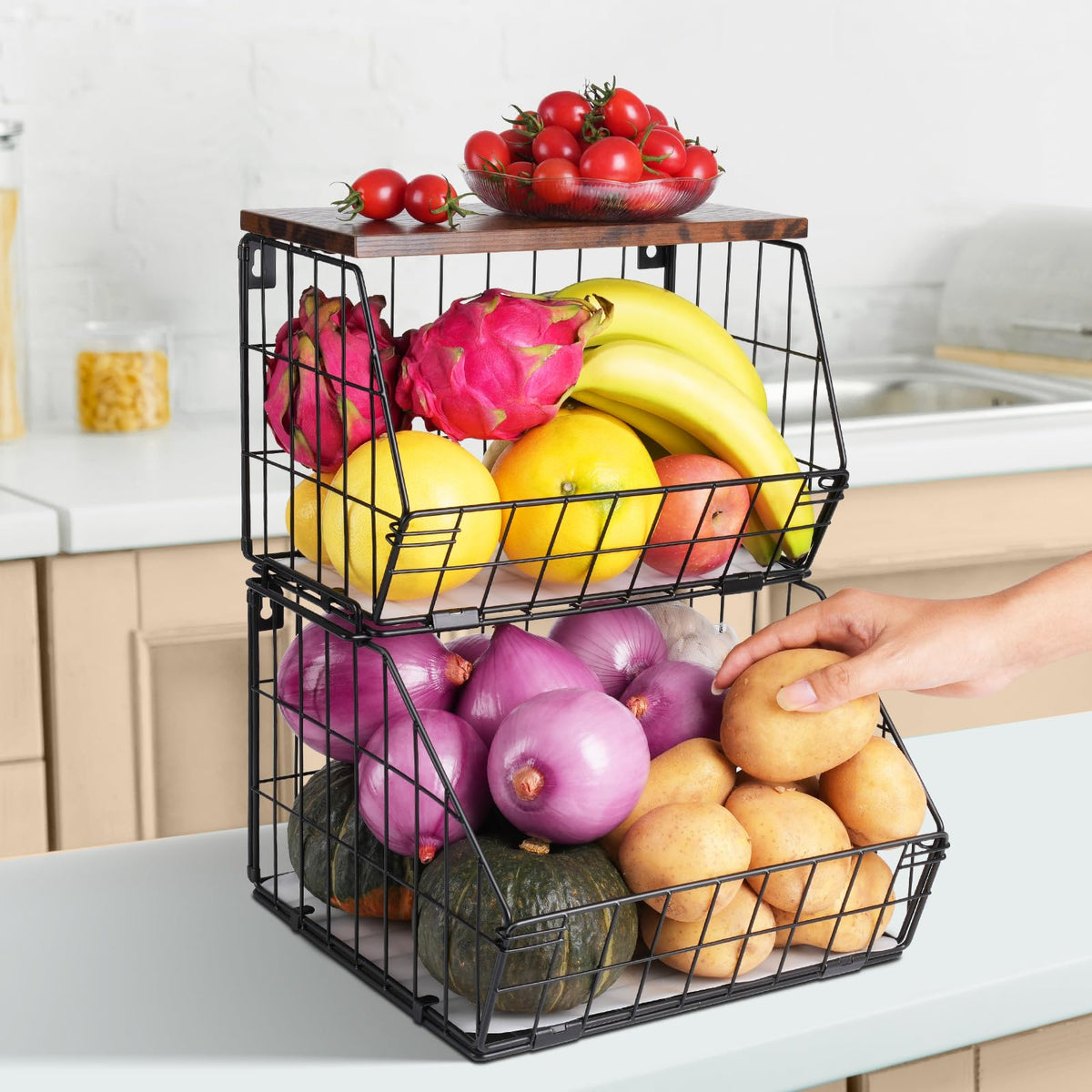 Wawocs Fruit Basket for Kitchen Counter 2 Tier Fruit Bowl, Stackable Wall Mounted Hanging Fruit Basket Wire Baskets with Wood Lid with 4 Banana Hanger Hooks, Onion Basket, Fruit and Vegetable Storage