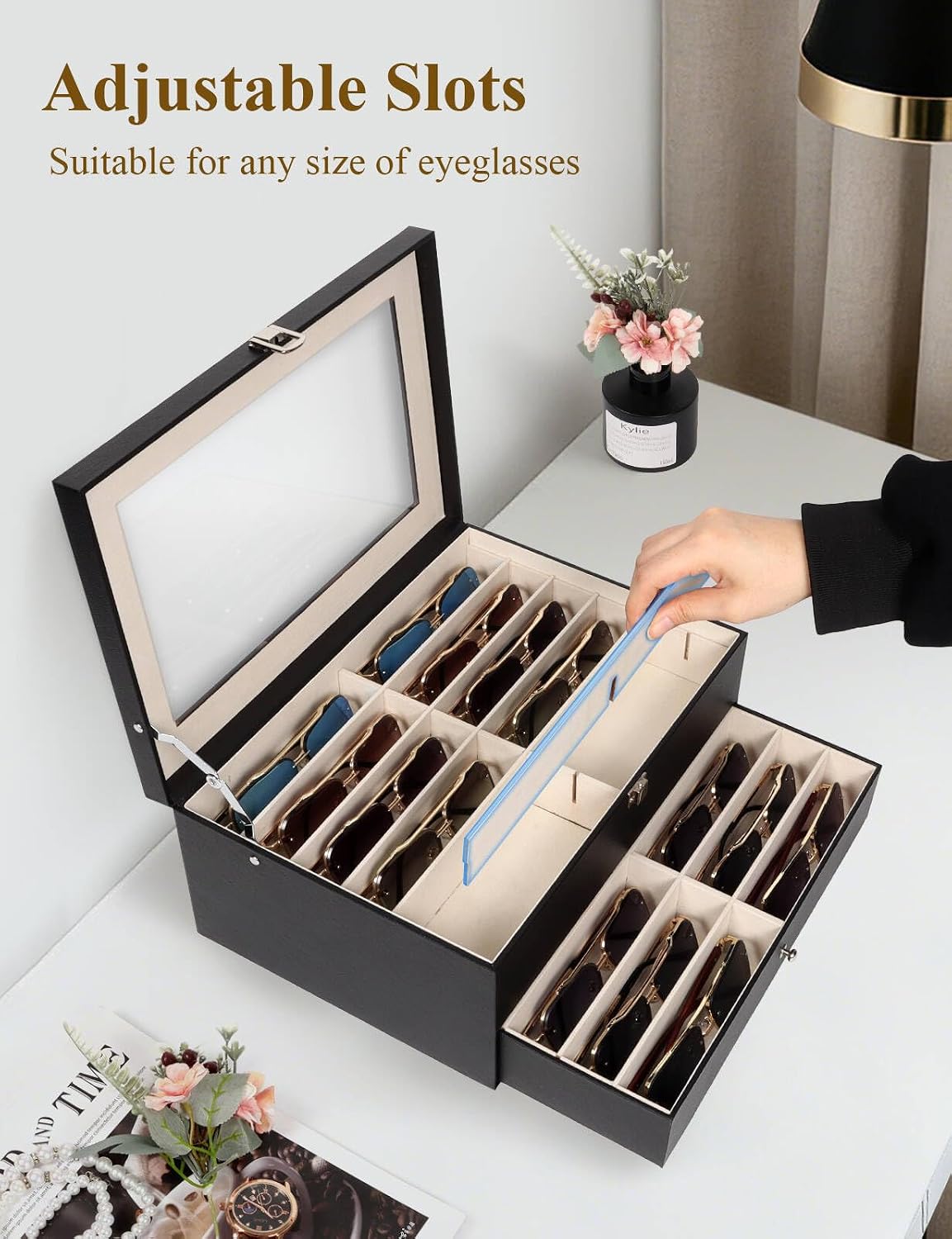 Sunglasses Storage Organizer Case with 24 Adjustable Slots, 2 Layer Multi Eyeglass Glasses Display Box with Lid Women