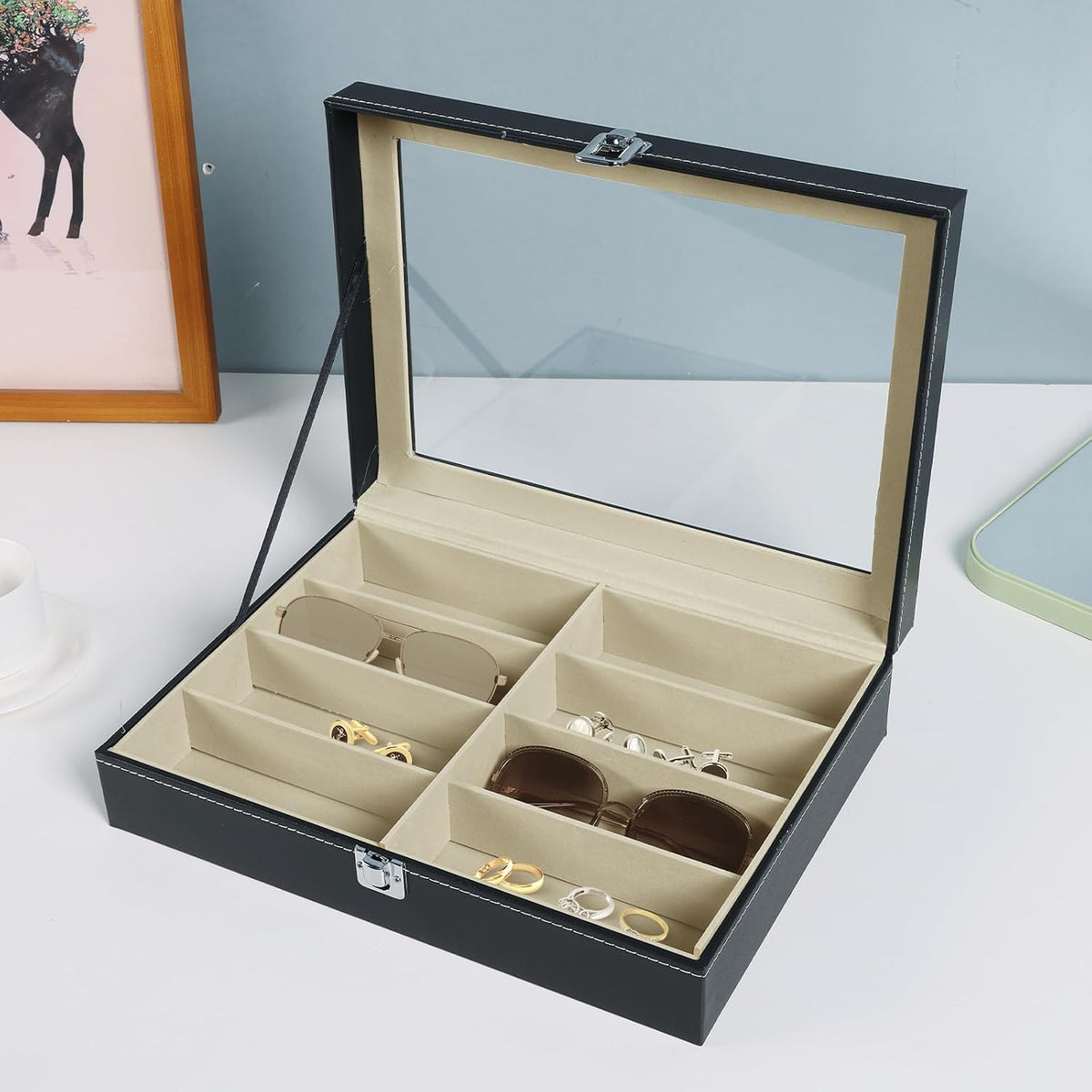 MYFULLY 8-Slot Sunglass Display Storage Box, PU Leather Case