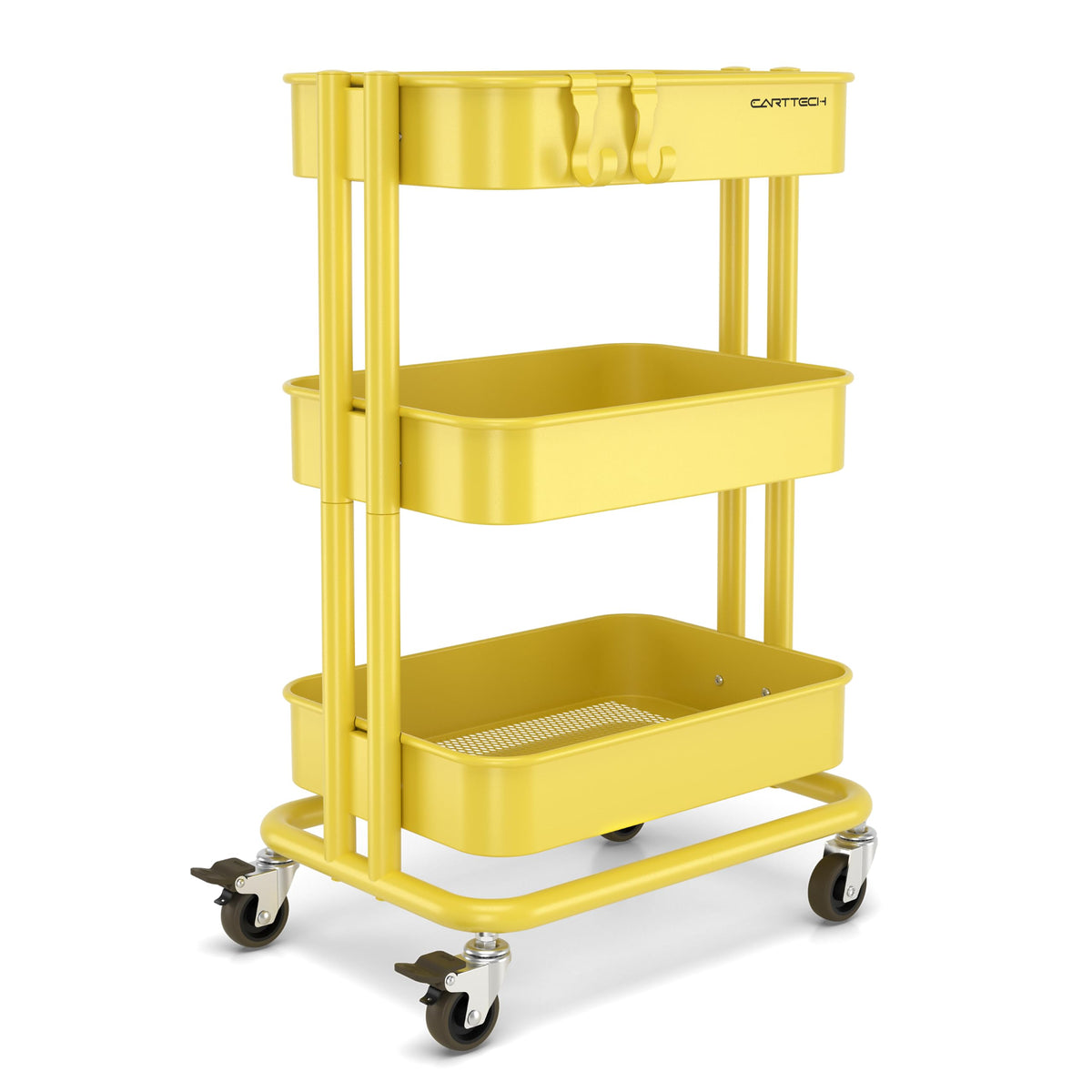 3 Tier Rolling Cart Metal Heavy Duty Utility Cart with Silent Caster Lockable Wheel Multi-Functional Organization Carts Storage Trolley with Mesh Shelves for Office Kitchen Living Room Yellow