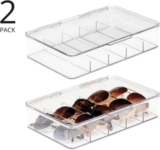 mDesign Plastic Stackable Eyeglass Case Storage Organizer with Hinged Lid for Unisex Sunglasses, Reading Glasses, Fashion Eye Wear, Protective Glasses, 5 Sections, Ligne Collection - 2 Pack - Clear