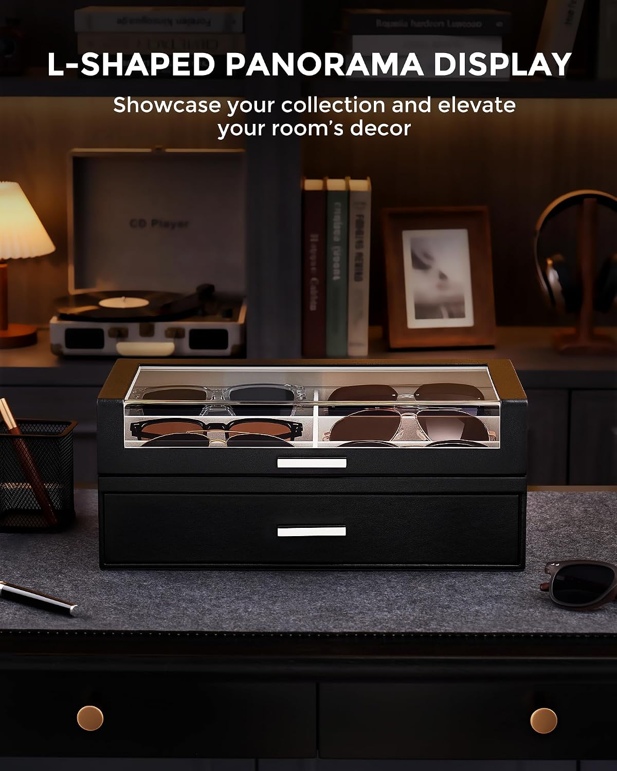 ProCase 12 Slots Sunglasses Box with L-Shaped Clear Lid -Black