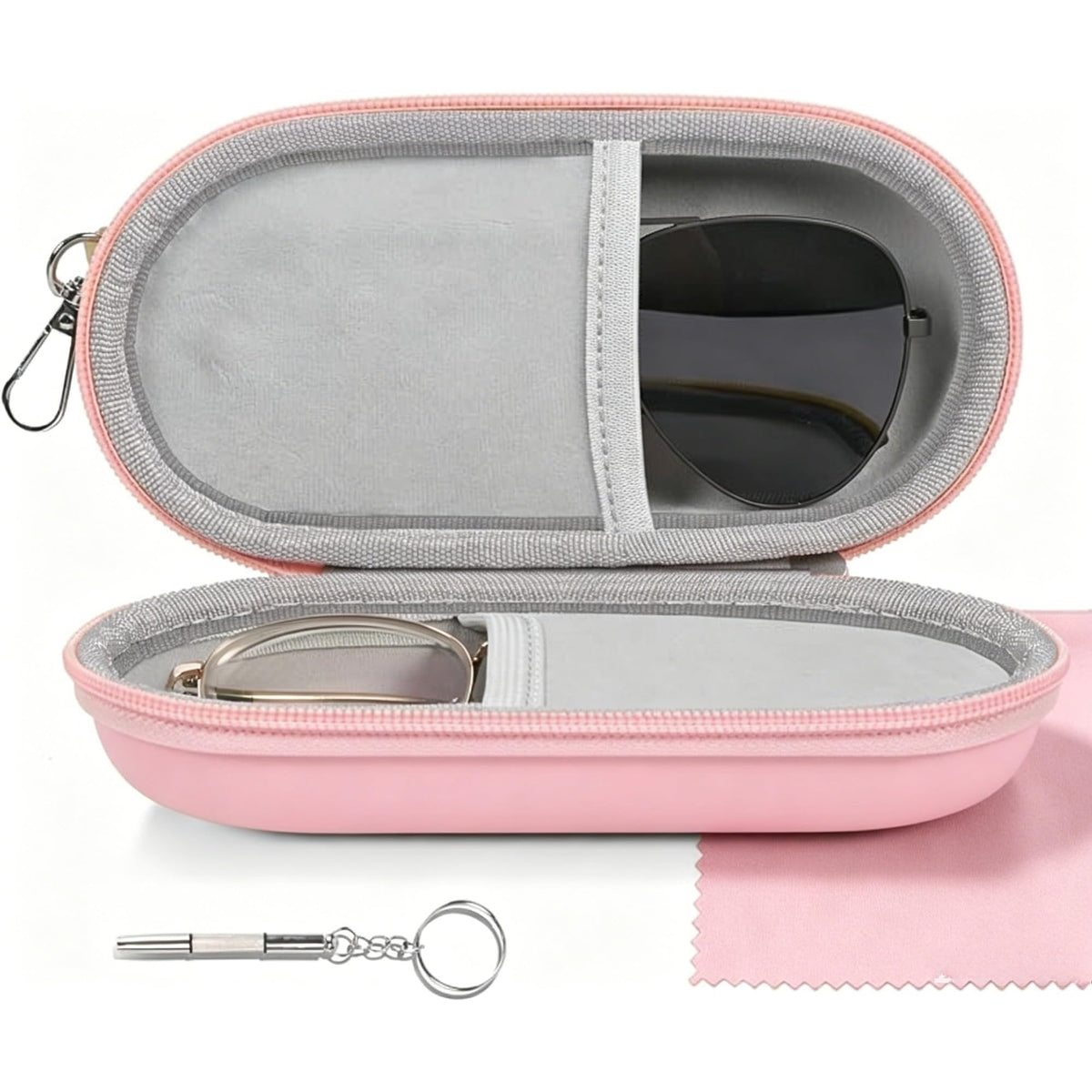 Double Glasses Case,Dual Eyeglasses & Sunglasses Organizer with Clip Zipper Closure for Travel 2 Pairs Storage Box