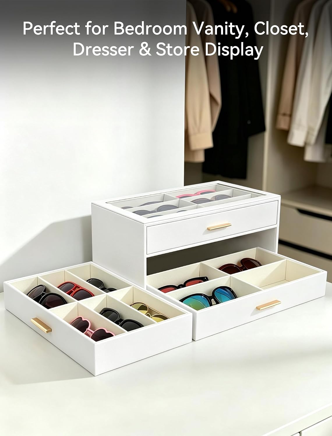 Sunglasses Organizer for Storage Oversize Glasses, Update Pebbled Leather