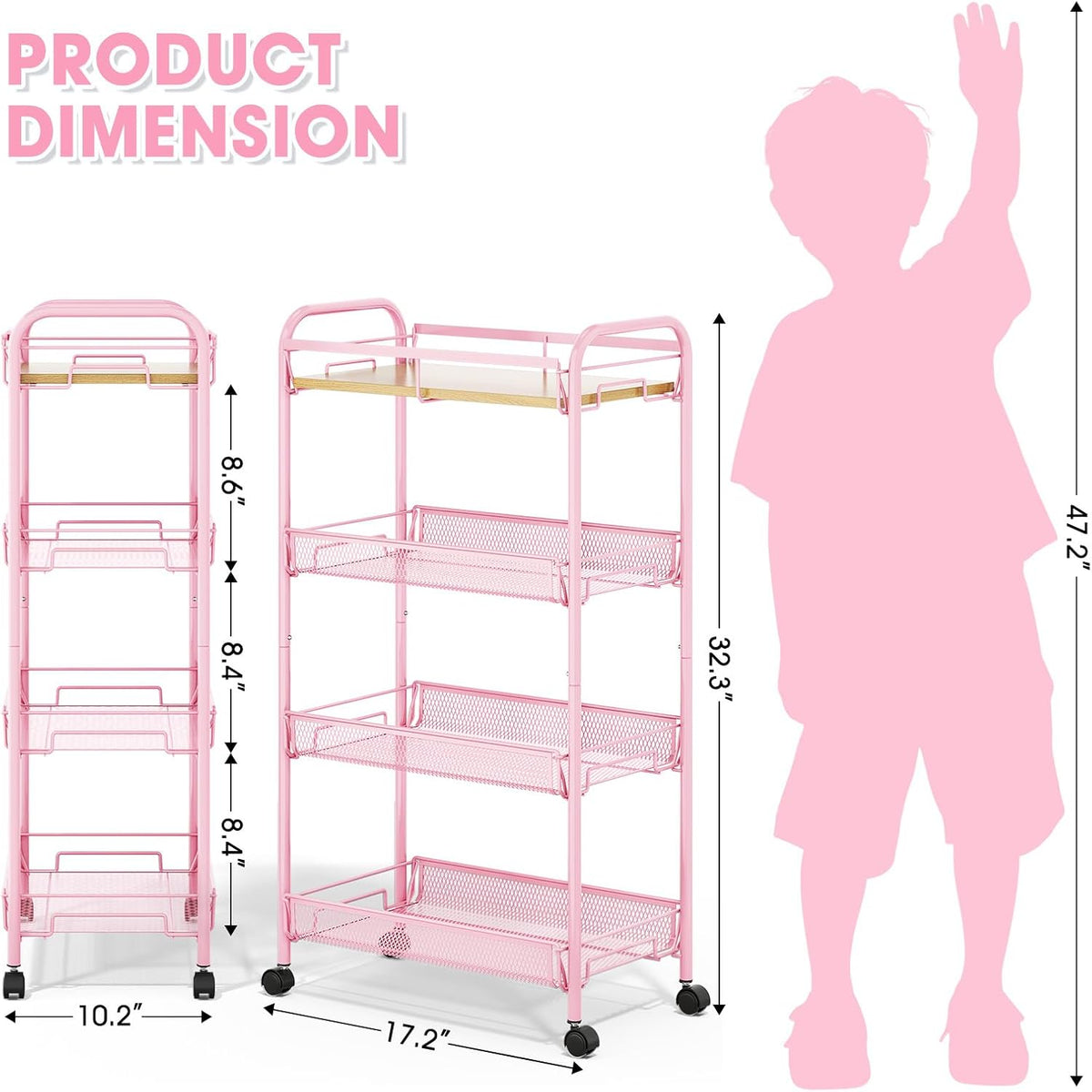 TOOLF 4-Tier Rolling Cart, Metal Utility Cart, Slide Out Storage Cart with Wooden Tabletop and Mesh Baskets, Easy Assemble Trolley for Kitchen Bathroom Laundry Room Bedroom Apartments Dormitory