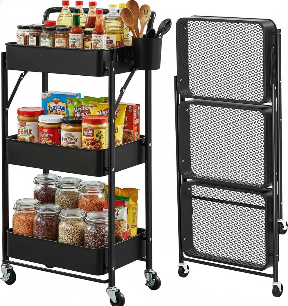 Foldable Rolling Cart 3-Tier Small Foldable Utility Storage Cart Multifunctional Metal Storage Bin Heavy Duty Organizer Carts with Rolling Wheels for Home Office (Black)