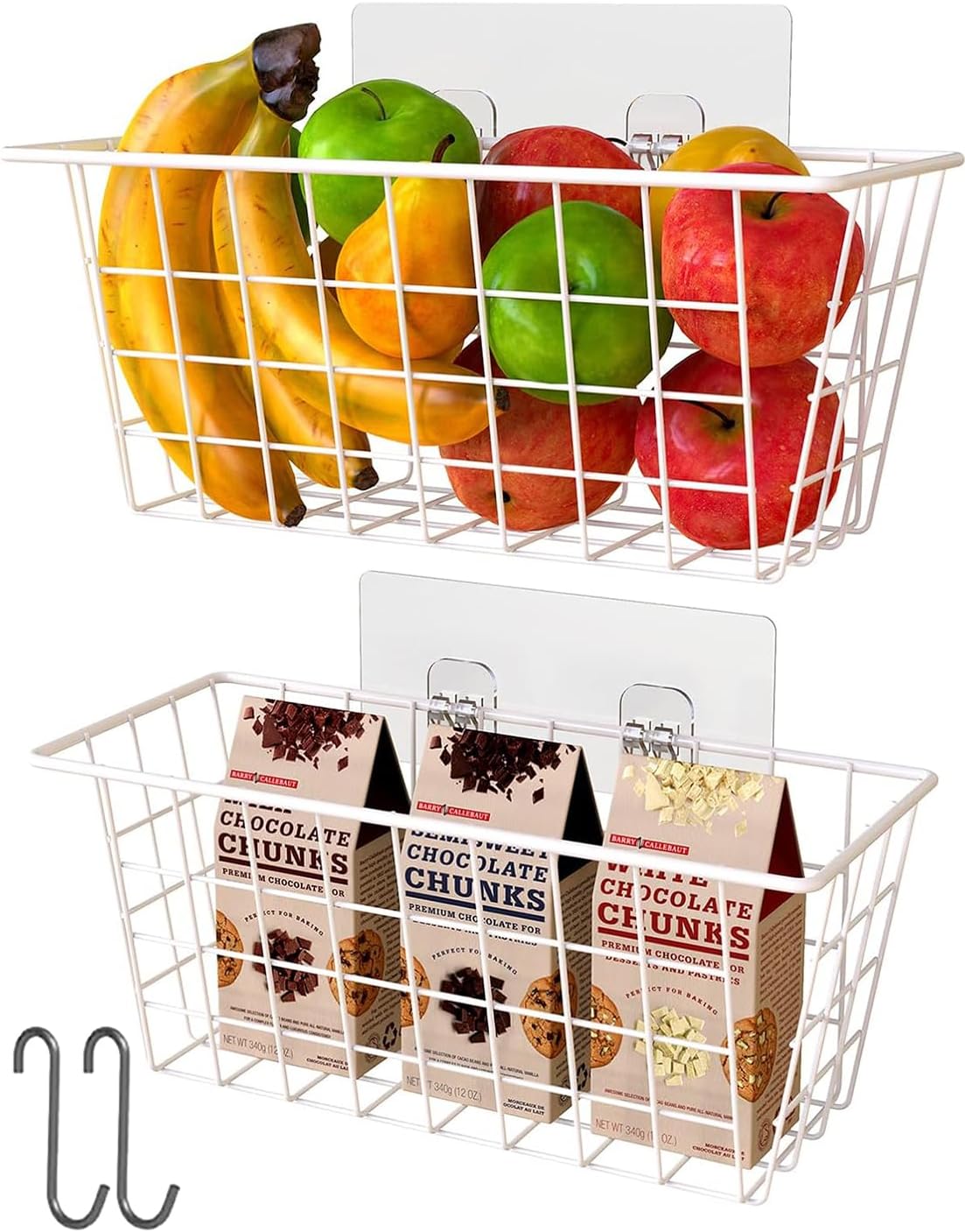 MaraFansie Wall Wire Baskets Bin No Drilling Adhesive Hanging Baskets Wall Mounted for Cabinet & Pantry Organization and Kitchen, Bathroom, Bedroom Storage, 2 Pack, White