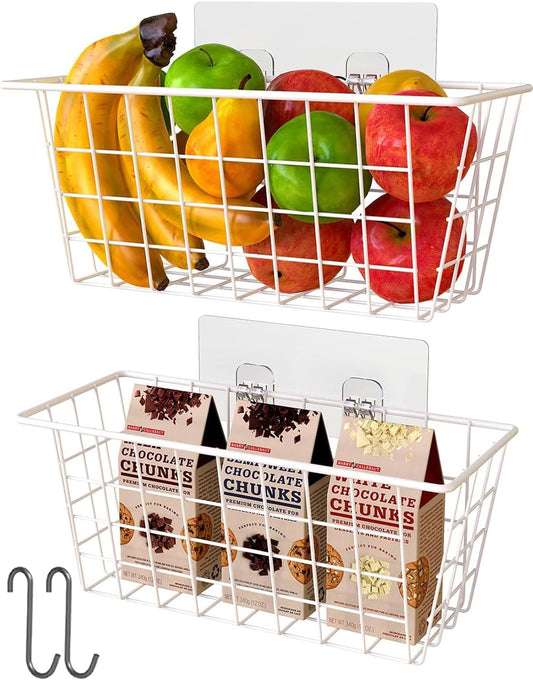 MaraFansie Wall Wire Baskets Bin No Drilling Adhesive Hanging Baskets Wall Mounted for Cabinet & Pantry Organization and Kitchen, Bathroom, Bedroom Storage, 2 Pack, White