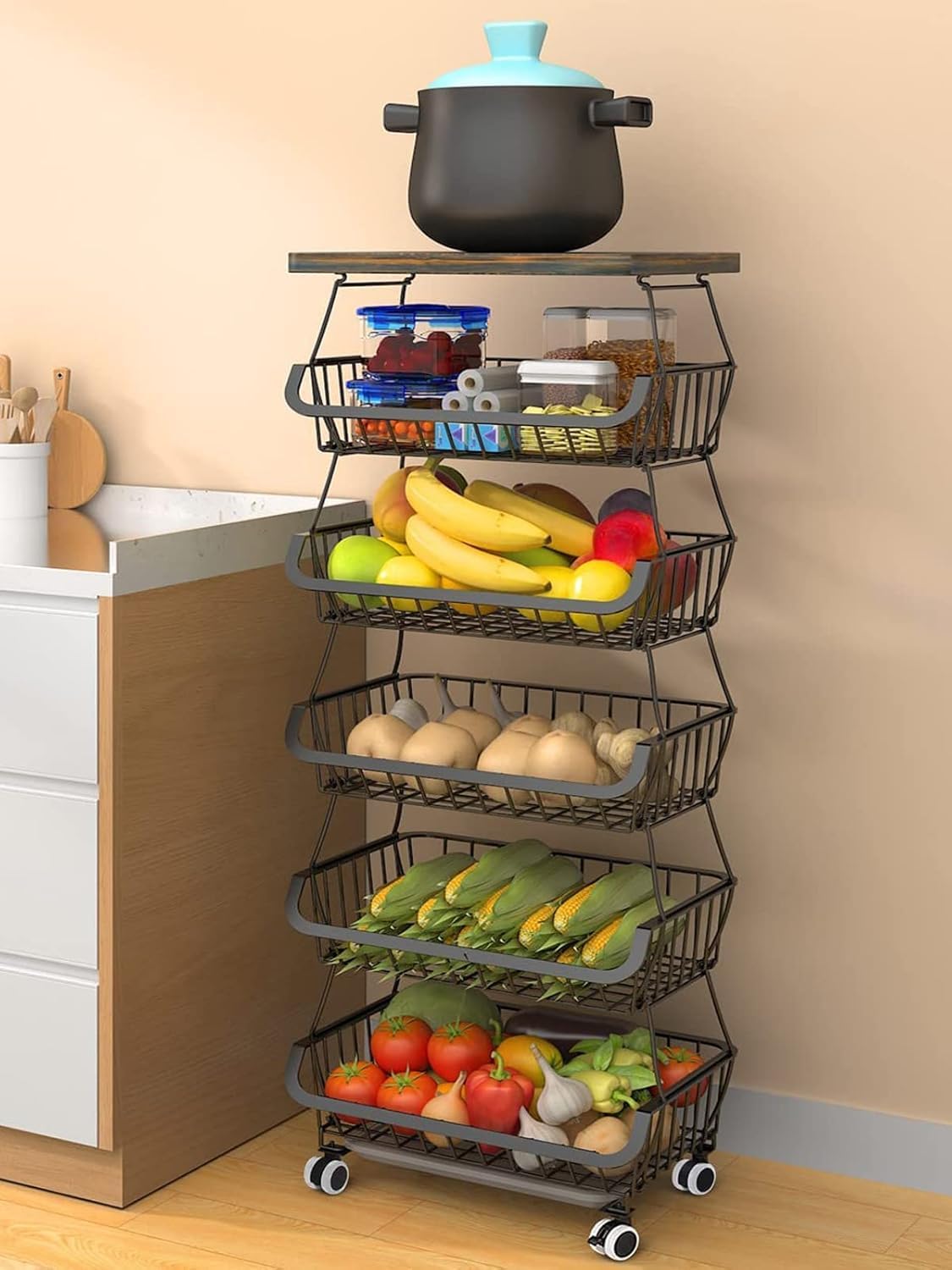5-Tier Rolling Pantry Floor Organizer with Wheels, Foldable Fruit Vegetable Storage Cart, Metal Wire Pantry Basket, Kitchen Fruit Basket Stand, Vegetable Storage Rack for Fruits Snack Onion Potato