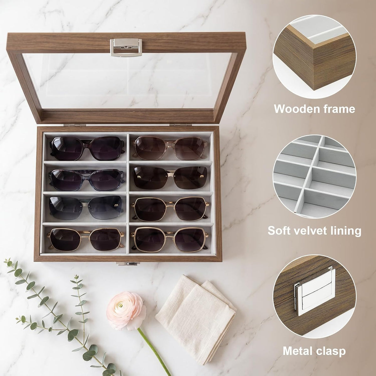 8 Slots Sunglass Organizer, PU Leather Eyewear Display Tray