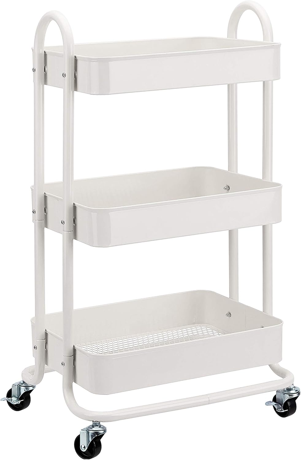 Amazon Basics 3-Tier Rolling Utility Cart, Storage Organizer, Lockable Wheels, Multifunctional Storage, Portable Mobile Shelving Unit, White