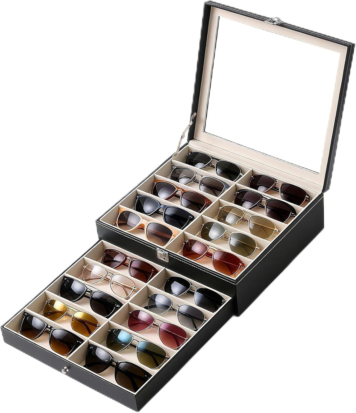 20 Slots Sunglasses Storage Jewelry Box, PU Leather Large Sunglasses Organizer Case Holder with Clear Lid
