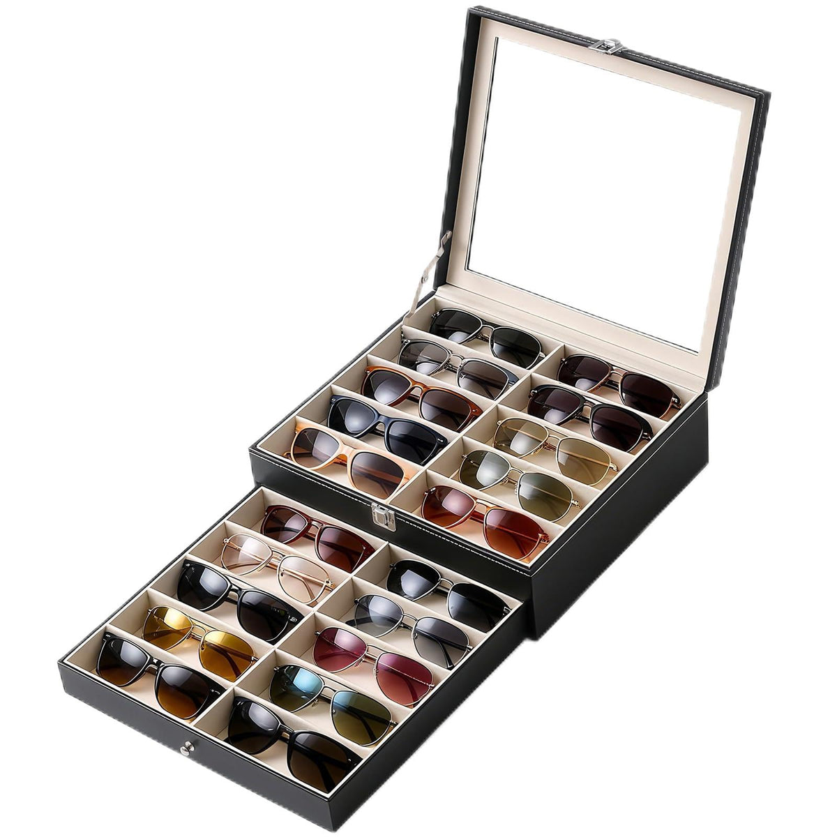 20 Slots Sunglasses Storage Jewelry Box, PU Leather Large Sunglasses Organizer Case Holder with Clear Lid
