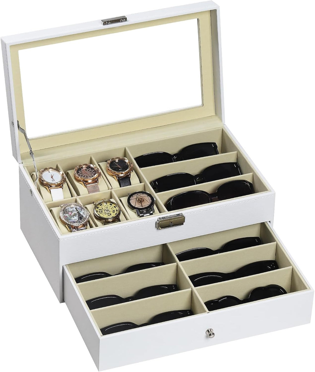 AUTOARK Leather 6 Watch Box & 9 Eyeglasses Storage Case,White,AW-131