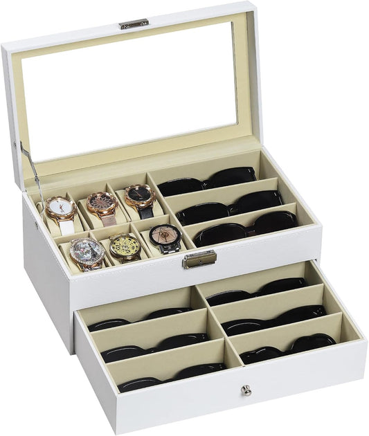 AUTOARK Leather 6 Watch Box & 9 Eyeglasses Storage Case,White,AW-131