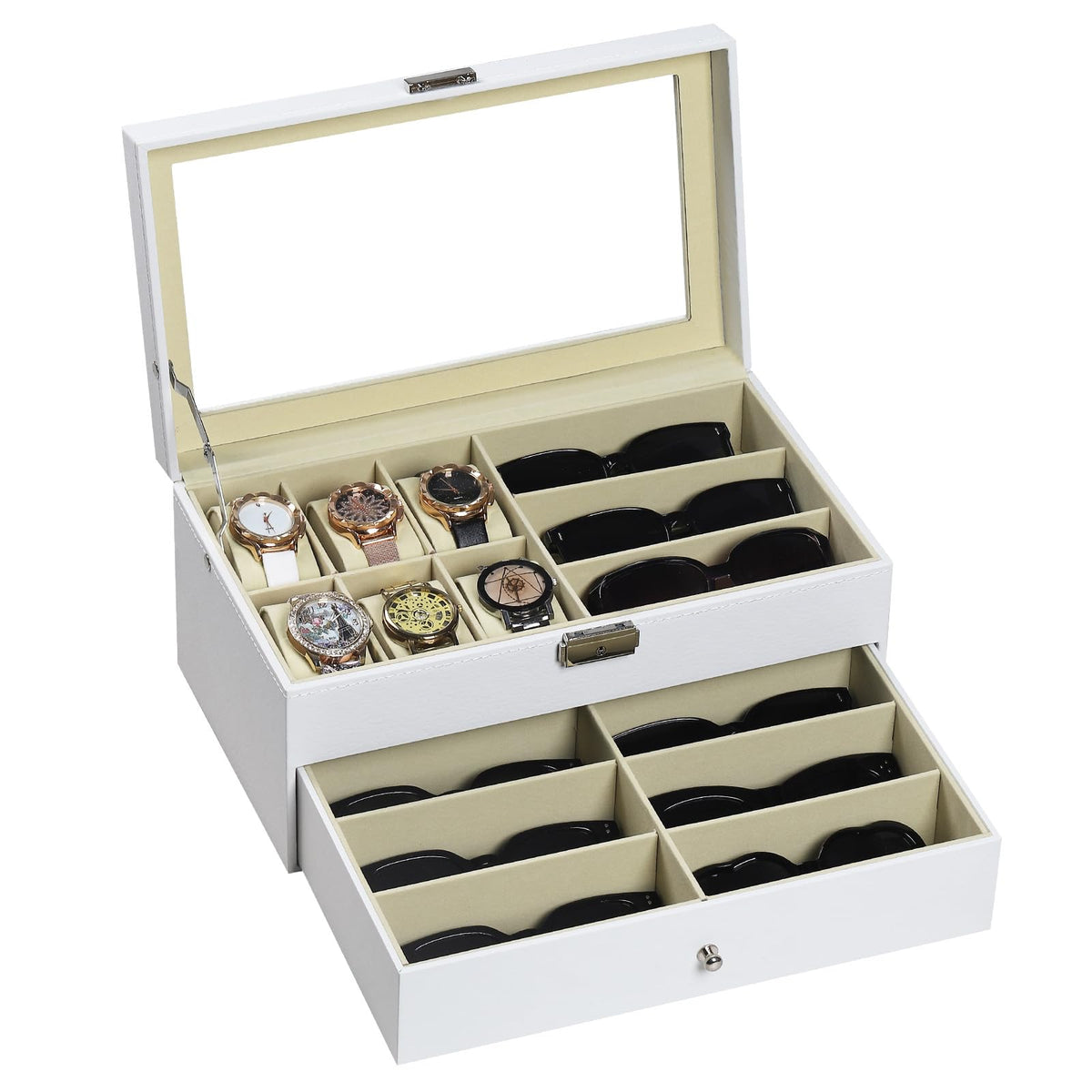AUTOARK Leather 6 Watch Box & 9 Eyeglasses Storage Case,White,AW-131