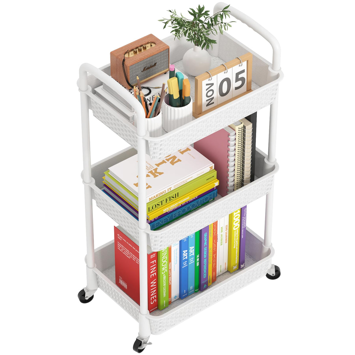 MOYIPIN 3-Tier Plastic Rolling Utility Cart with Handle,Utility Storage Cart for Office, Living Room, Kitchen,Movable Storage Organizer Shelves,White