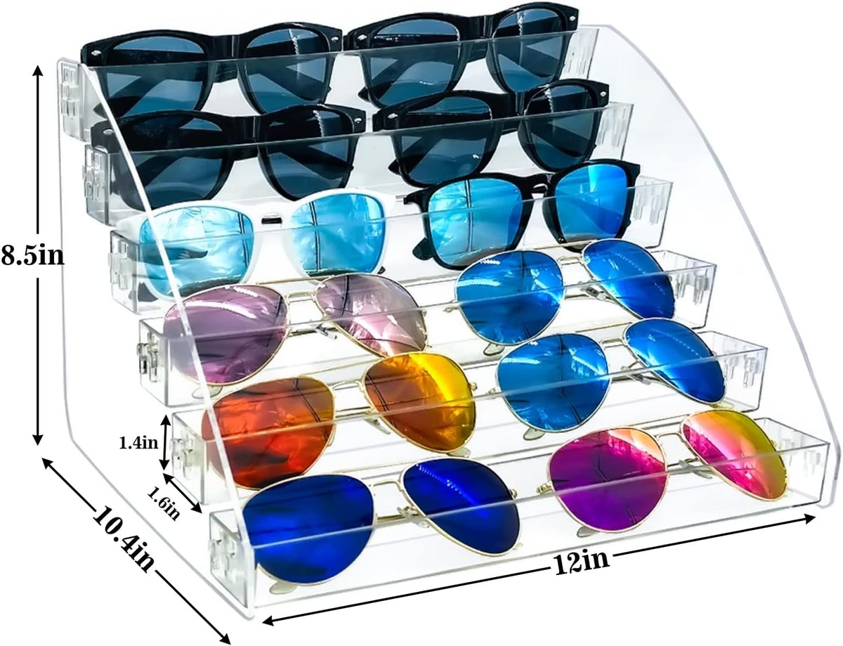 MineDecor 12 Piece Plastic Sunglasses Organizer Clear Eyeglasses Display Case 6 Tier Eyewear Storage Tray Box For Glasses Tabletop Holder Stand