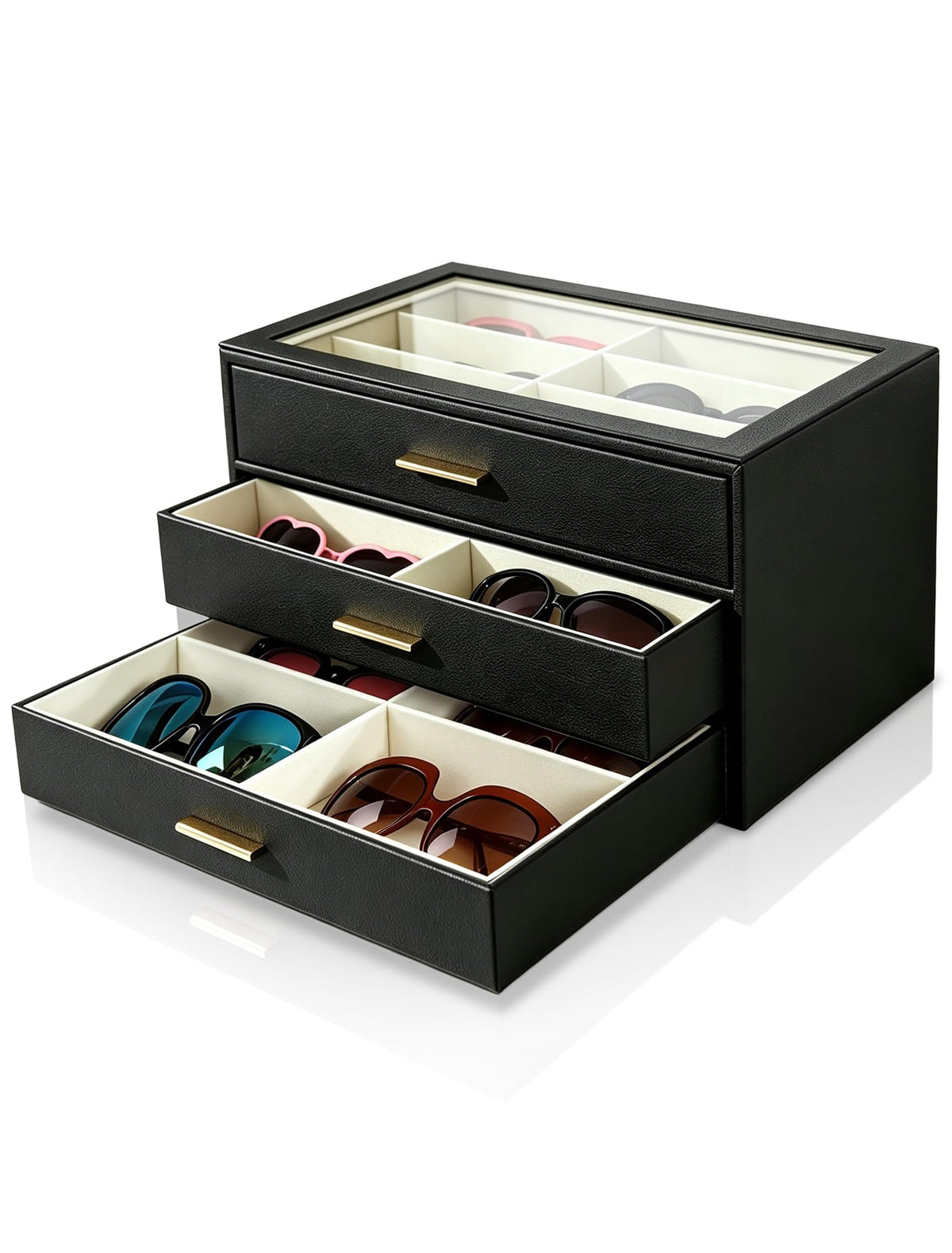 Sunglasses Organizer for Storage Oversize Glasses, Update Pebbled Leather