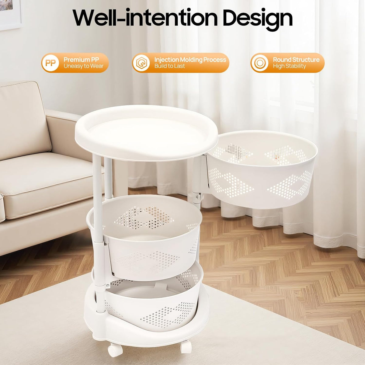 Ringmaster 3 Tier Rotating Storage Rack Multi-Layer Storage Shelves Organizer,Floor Standing Kitchen Storage Cart with Wheels,Fruit Vegetable Storage Basket Shelf for Living Room,Kitchen,Bathroom