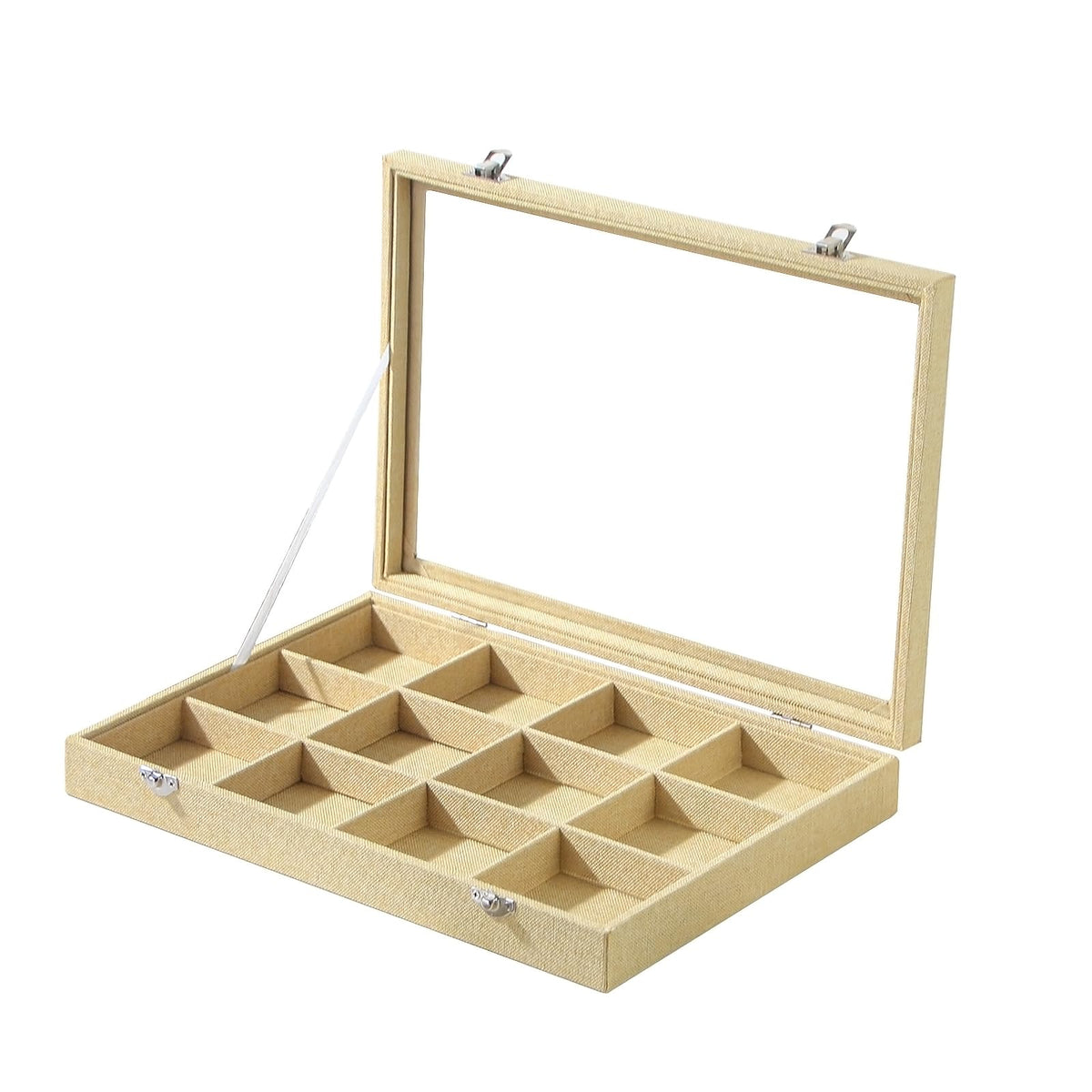Coward Sunglass Organizer Tray Box, Beige Velvet Grids Eyeglasses Display Tray Case with Transparent Glass Lid for Home Use or Store Shop Selling Show