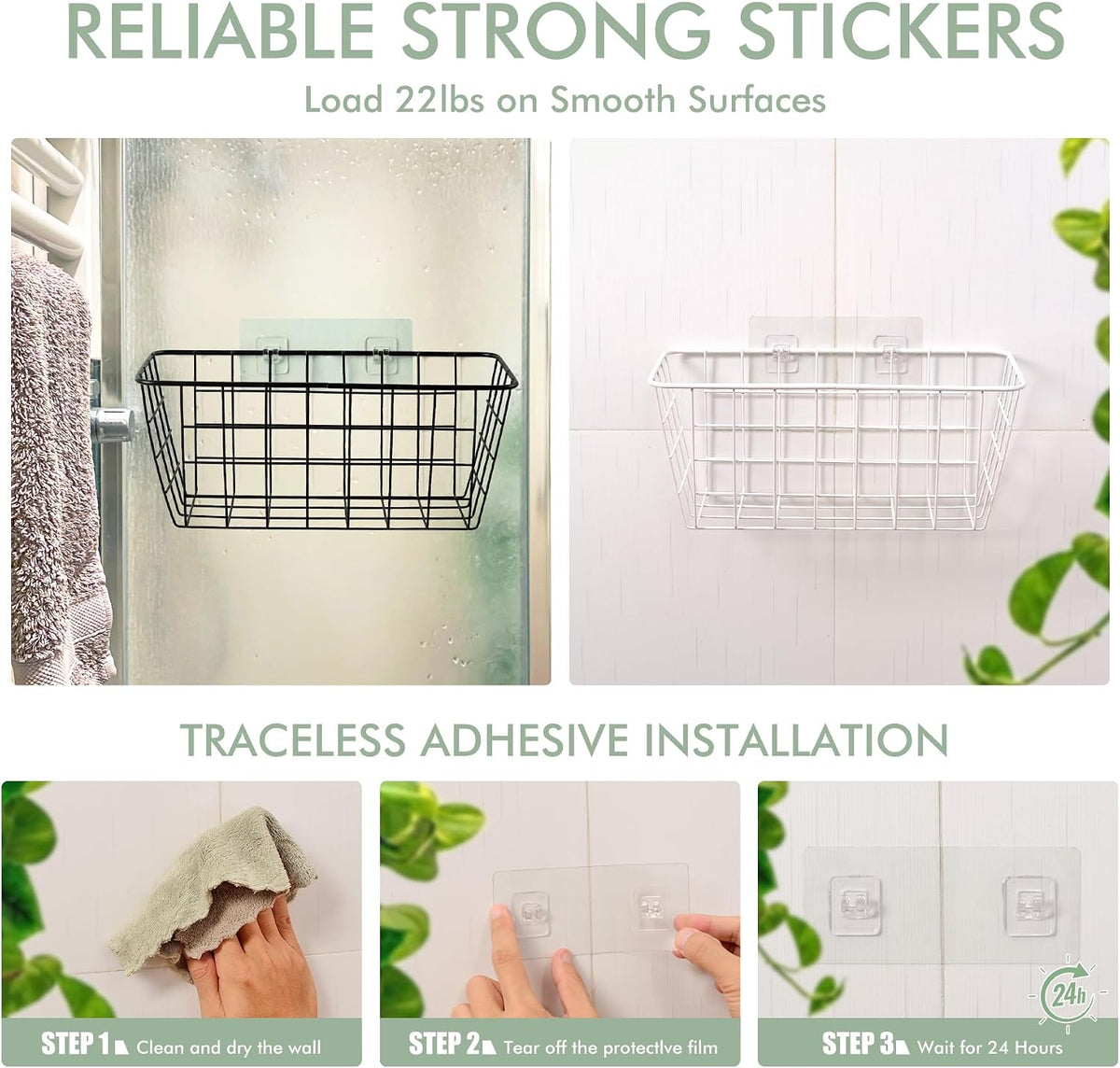 Wire Hanging Wall Basket, 4 White Metal Baskets, Adhesive Cabinet Organizer