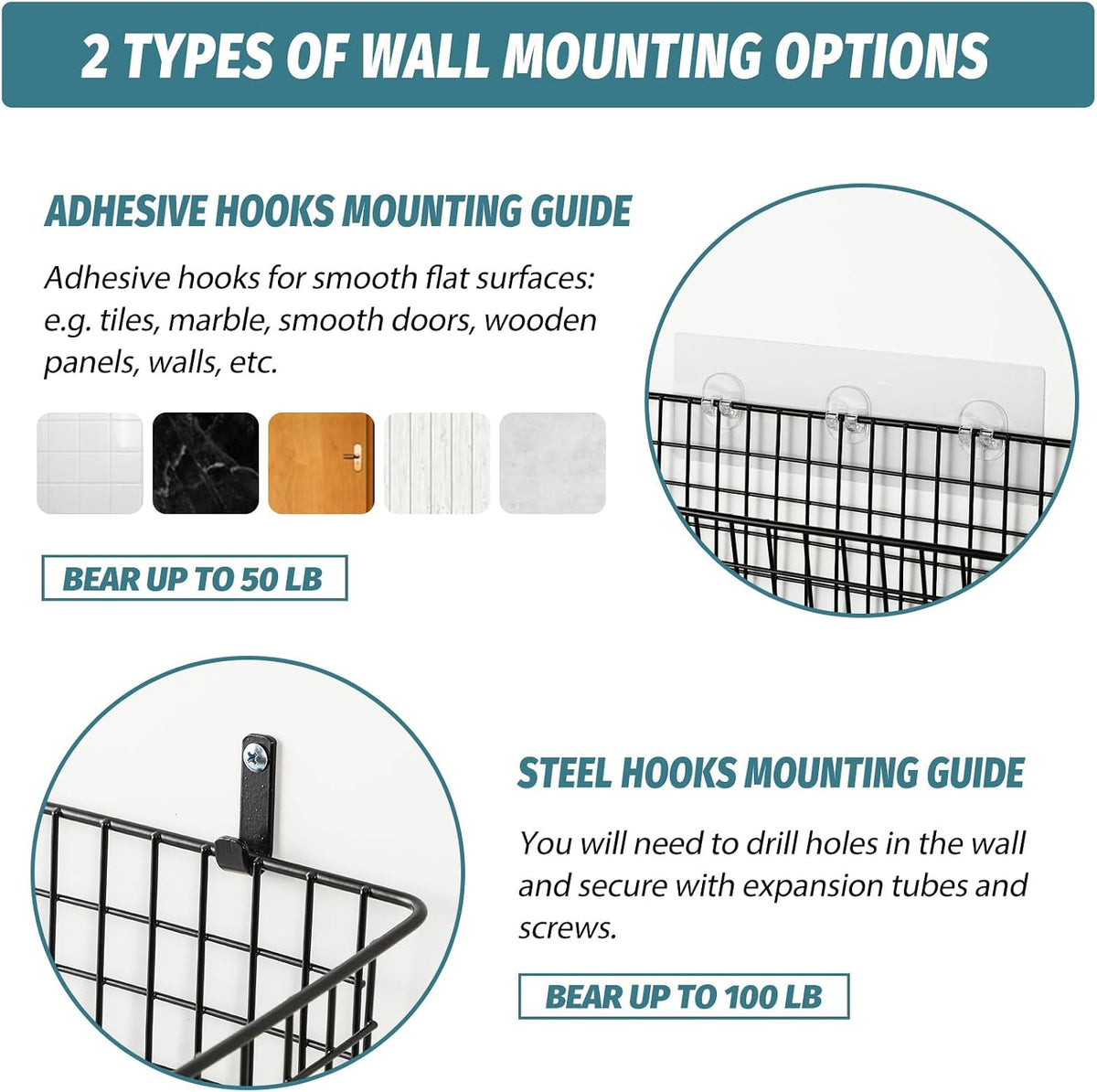 4 Set [EXTRA LARGE] Hanging Wall Mount Storage Baskets with Adhesive Hooks & Steel Hooks, Multiuse Sturdy Wire Metal Organizing Baskets for Home Kitchen Bathroom Pantry Utility Organizer, Black