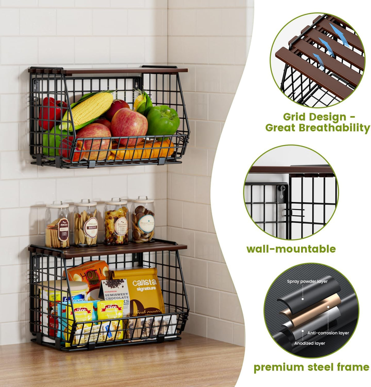 Hanging Fruit Basket for Kitchen, 3 Pack Vegetable Produce Basket
