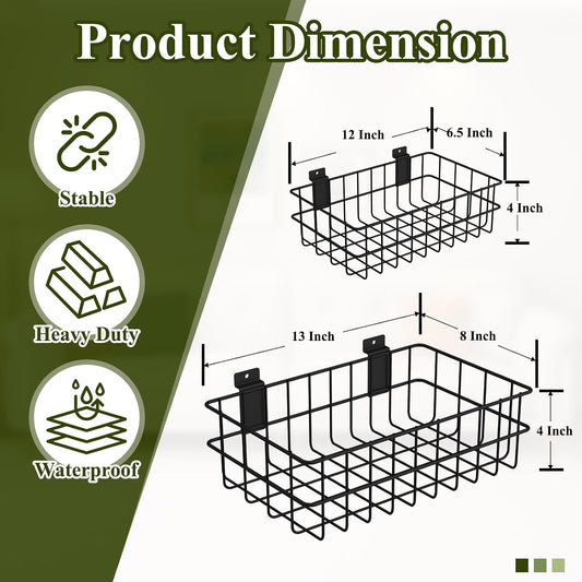 4 Pack Slatwall Baskets Set, Heavy Duty Slatwall Baskets, Metal Slat Wall Shelves Accessories, 2 PCs 13 x 8 x 4 Inch, 2 PCs 12.4 x 6.5 x 4 Inch, Black