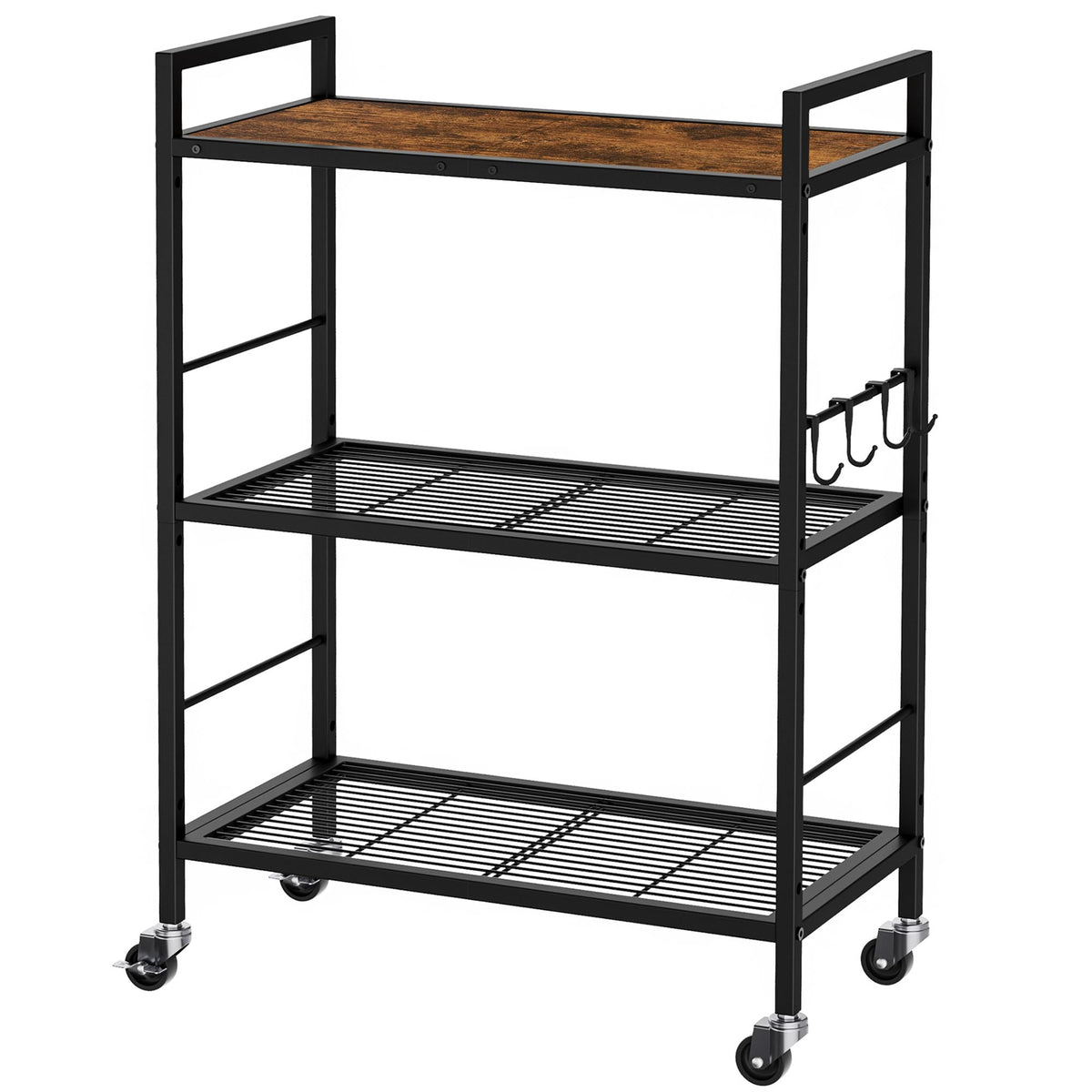 3-Tier Metal Storage Rack with Industrial Wheels,Mesh Shelving Unit with Wooden Table top,Adjustable Shelf,31.5-Inch Width, for Kitchen, Laundry,Pantry,Plant,Black