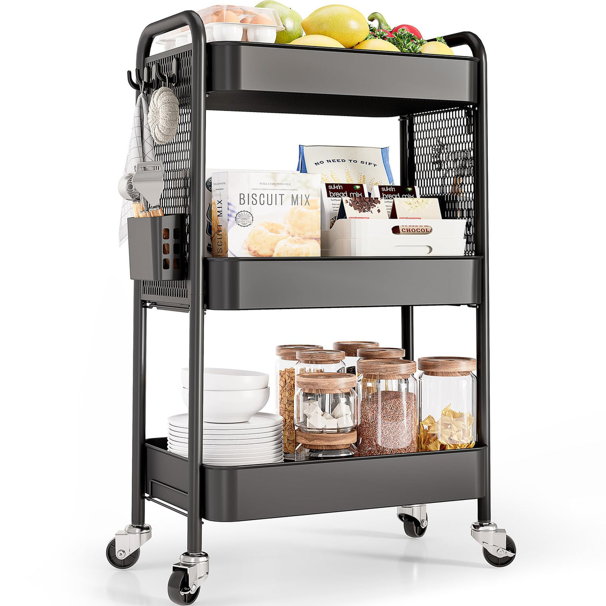 TOOLF 4 Tier Rolling Cart, Metal Utility Storage Cart with Pegboard, Black