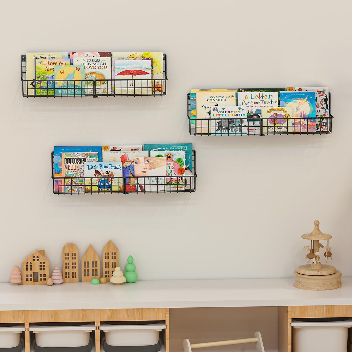 X-cosrack 23.5 Inch Wall Mounted Kids Bookshelf, Floating Metal Book Shelves for Kids Nursery Toddler Classroom, Hanging Book Shelf Organizer for Room Decor, Black, Set of 4