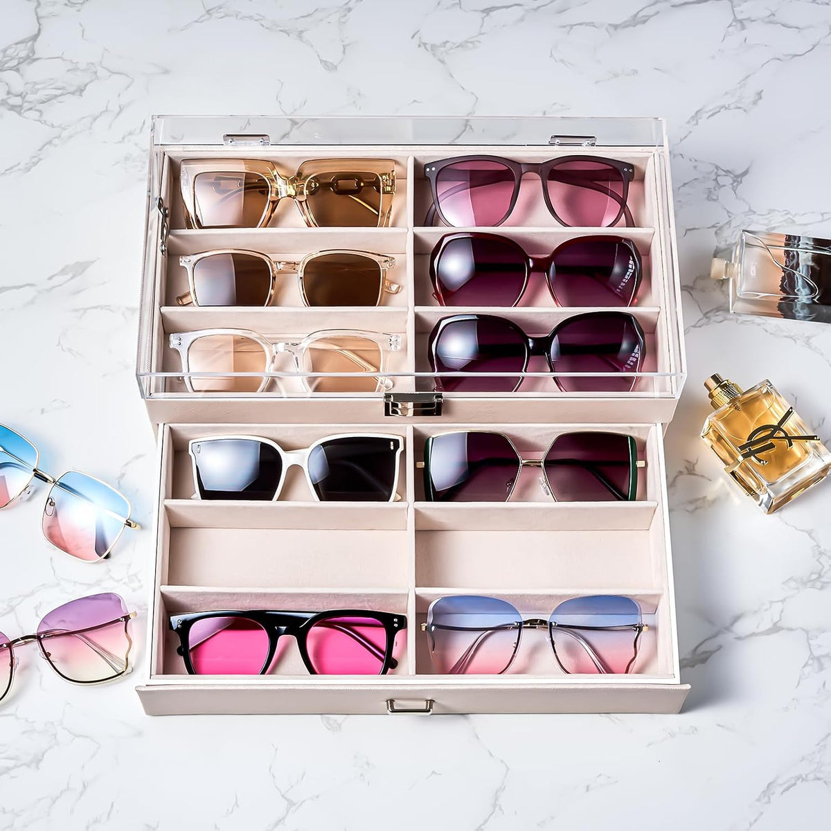 ProCase 12 Slots Acrylic Clear Top Sunglass Organizer, 2 Layers Eyeglasses Case Multi Pairs Storage Eyewear Display Holder with Transparent Lid and Drawer -Champagne
