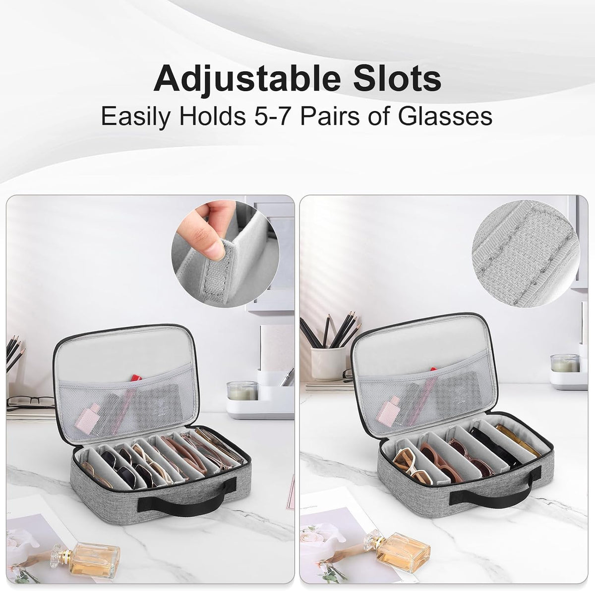 Travel Sunglasses Organizer Case, Adjustable 7 Slot for Multiple Pairs, Portable Eyeglasses Storage Box for Men Women, Holds 8 pairs of glasses, Gray