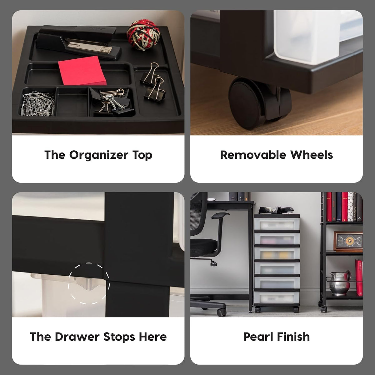 IRIS USA 6-Drawer Rolling Storage Cart with Organizer Top, Black/Pearl