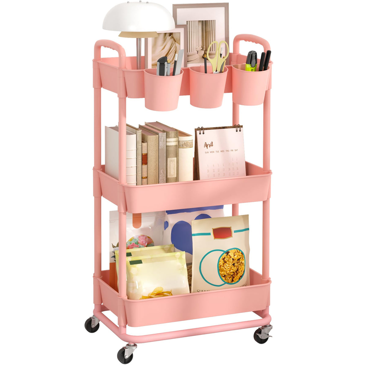 JIUYOTREE 4-Tier Plastic Rolling Storage Cart Utility Cart White