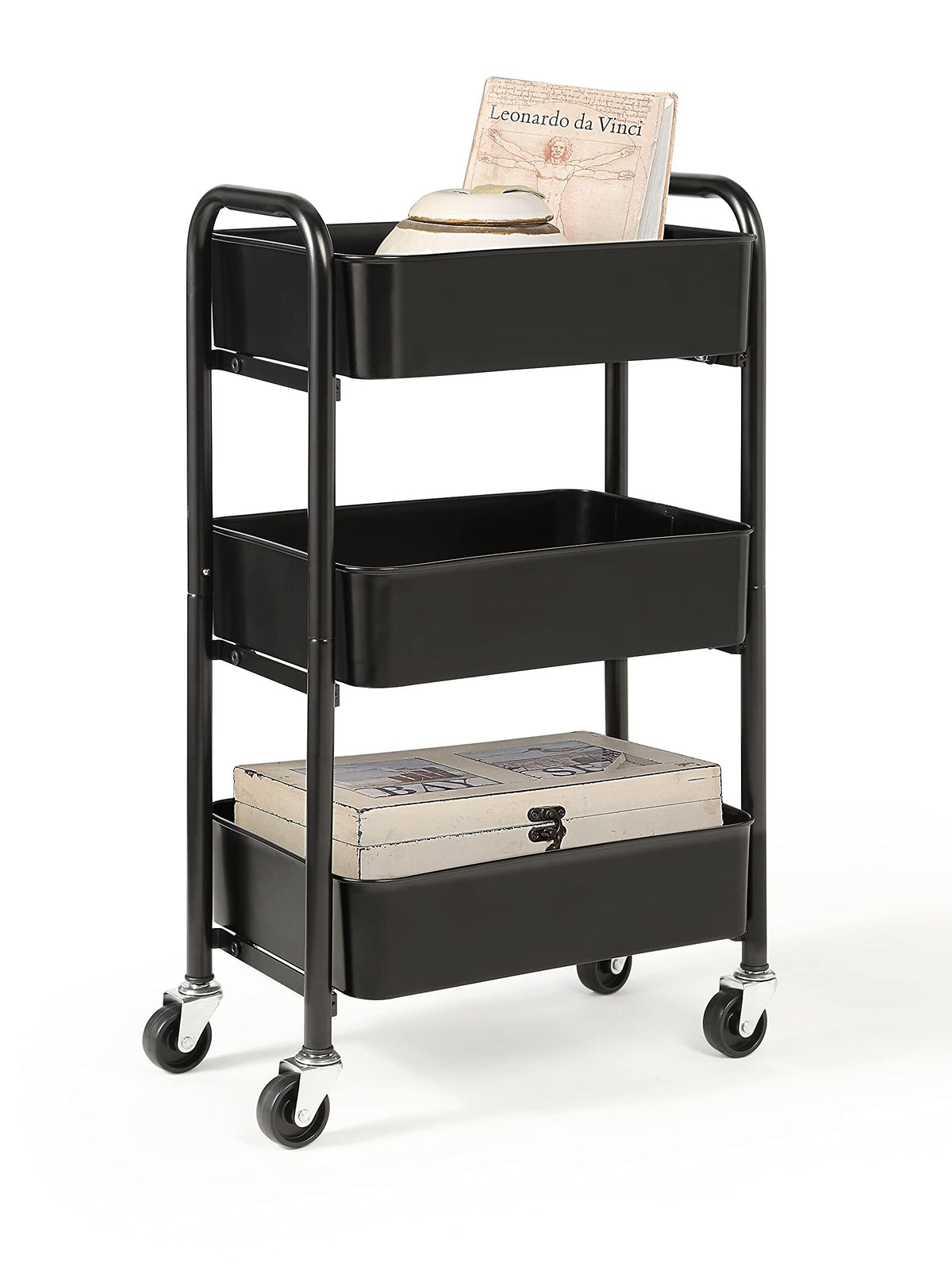 SunnyPoint 3-Tier Delicate Compact Rolling Metal Storage Organizer - Mobile Utility Cart Kitchen/Under Desk Cart with Caster Wheels (RED, 15.35" X 10.24" X 26.8"H)