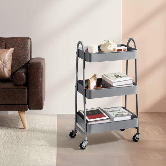 3 Tier Rolling Storage Cart with Lockable Wheels and Handle, Multi Purpose Utility Organizer Cart with Shelves for Kitchen Bathroom Office, Mobile Storage Trolley with Durable Frame