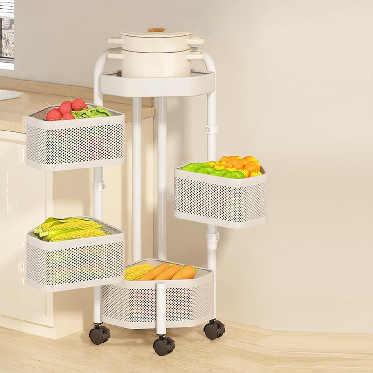 4 Tier Rotating Storage Rack with Removable Basket and Wheels,Kitchen Cart for Fruit Vegetable,White