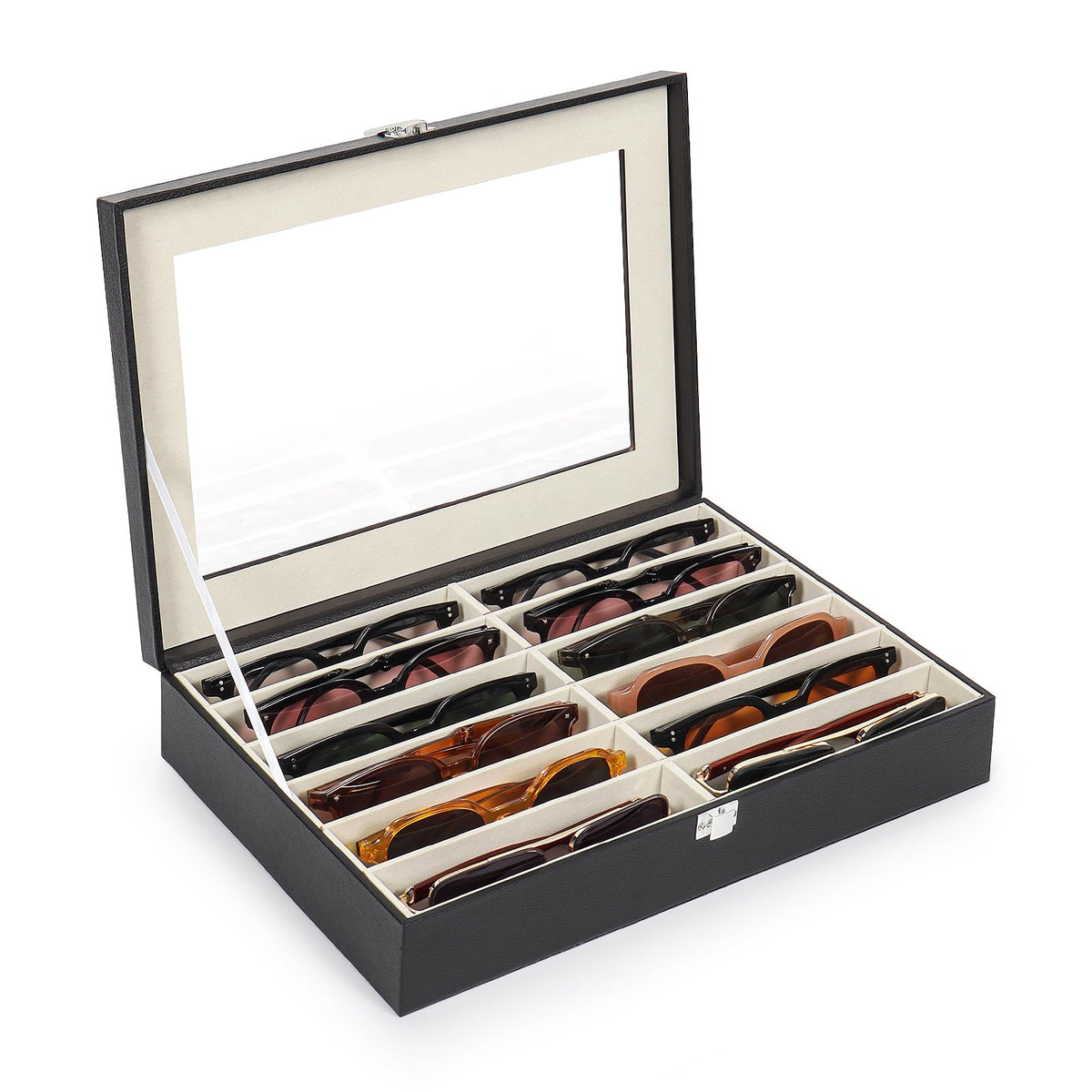 Sunglasses Organizer Case with Adjustable Slots, Eyeglasses Display with Lid, Eyewear Storage Box for Large Glasses