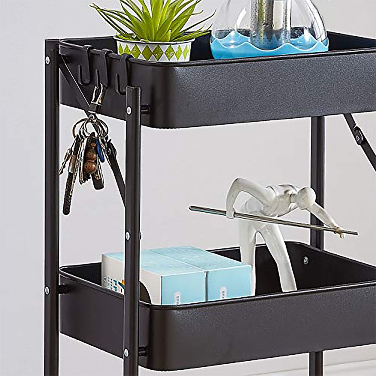 Foldable Rolling Cart 3-Tier Small Foldable Utility Storage Cart Multifunctional Metal Storage Bin Heavy Duty Organizer Carts with Rolling Wheels for Home Office (Black)