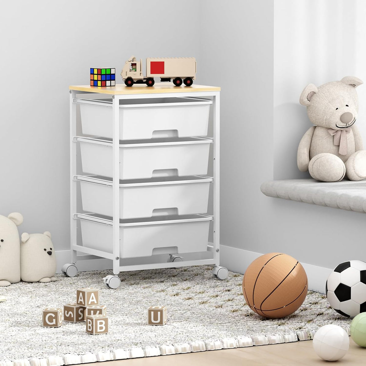 SYKIARIOL Rolling Cart with Drawers, 4-Drawer Utility Cart, Bright White