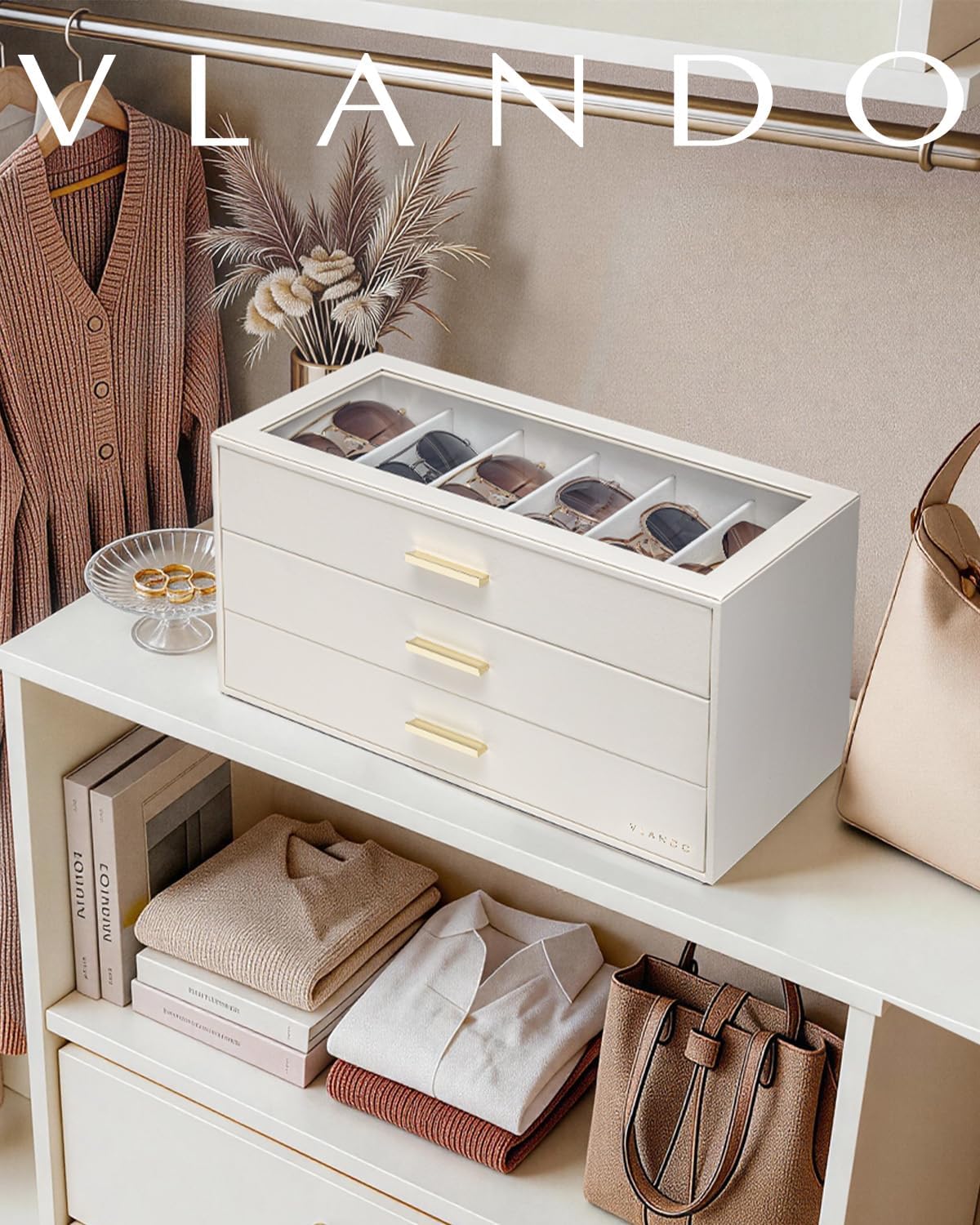 VLANDO 18-Slot Sunglasses Organizer Case with Clear Lid & 3 Drawers,Beige