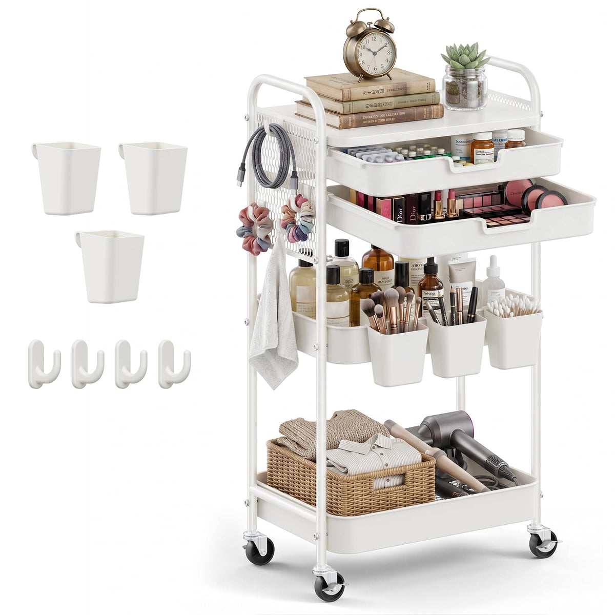 3 Tier Rolling Cart with 2 Drawers, Metal Utility Storage Carts with Wheels
