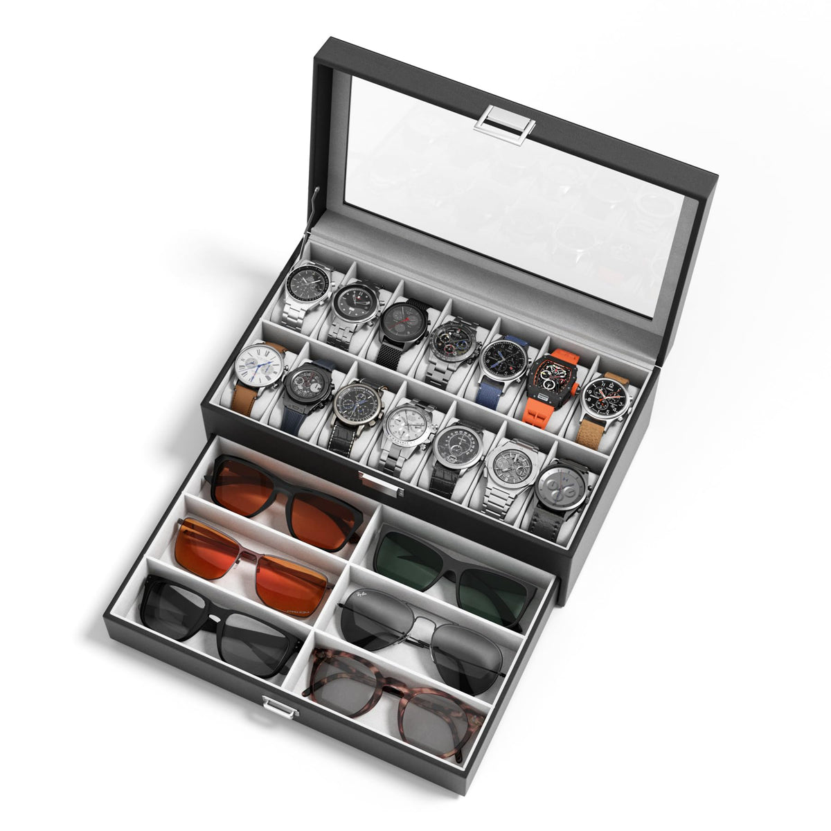 Watch Case Box for Men – 14 Slots Watch Display Organizer with 6-Compartment Eyeglasses Storage, Real Glass Lid 2-Layer PU Leather Collection Holder Gift for Loved Ones Brown