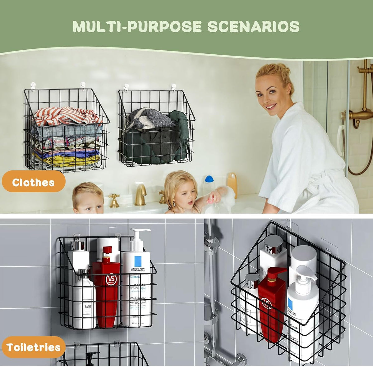 Greentainer 2 Pack Bath Toy Storage Organizer, Large Rustproof Metal Wire Basket, Wall Mounted Hanging Bathtub Holder, Bathroom Shower Caddy for Tub Toys & Toiletries