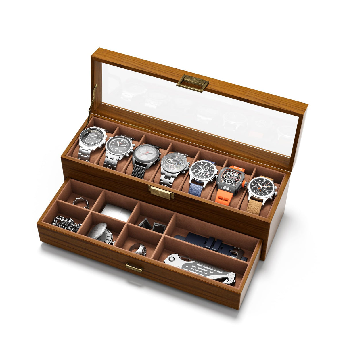 Watch Case Box for Men – 14 Slots Watch Display Organizer with 6-Compartment Eyeglasses Storage, Real Glass Lid 2-Layer PU Leather Collection Holder Gift for Loved Ones Brown