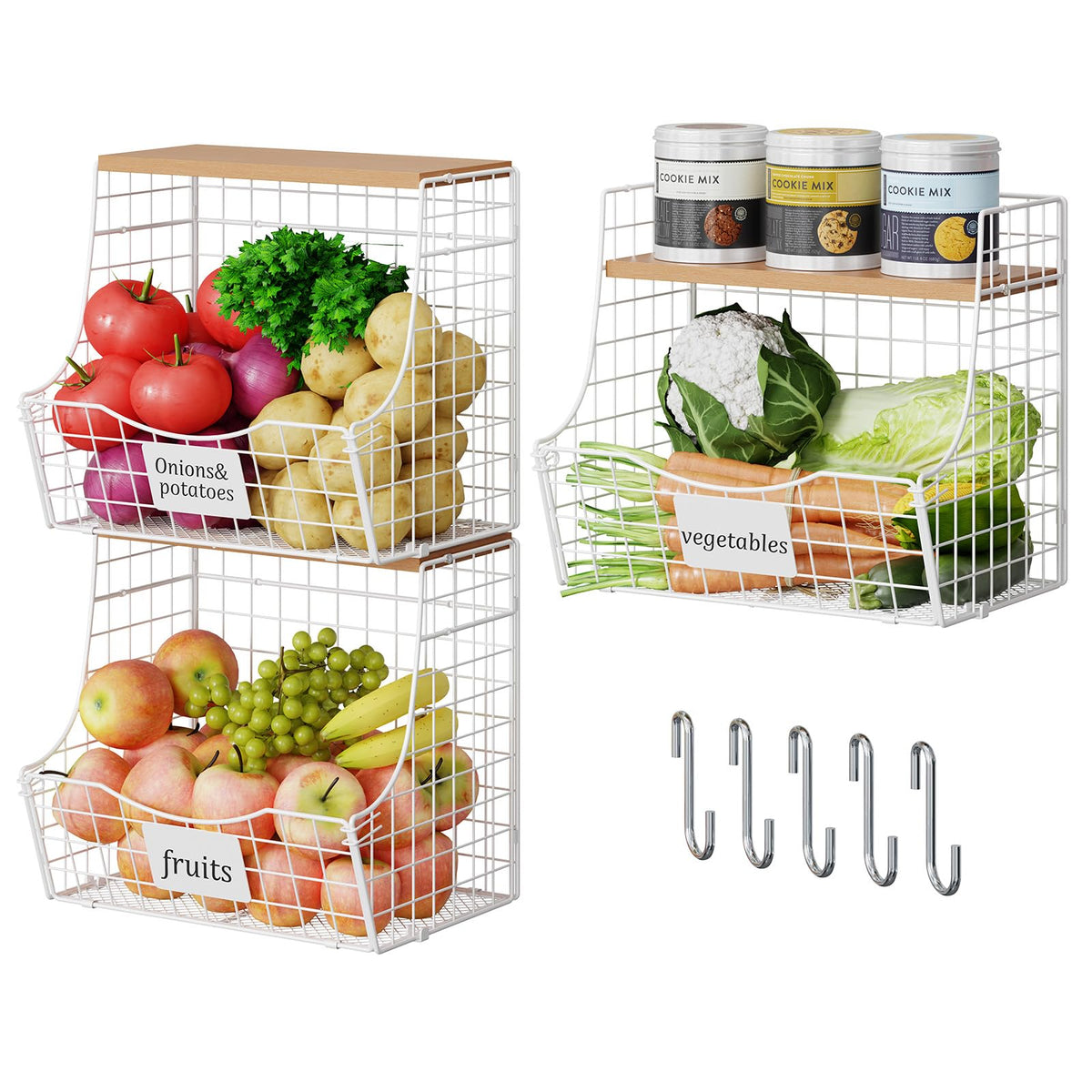 3 Pack wire Fruit Basket for Kitchen with Wood Lid - Counter&Wall Mounted Onion and Potato Storage with Nameplate, Hanging Baskets for Vegetable,11.81 * 10.63 * 8.66 Inch